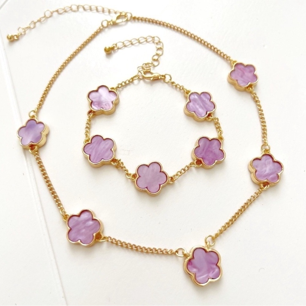 18K Gold Plated Purple clover Necklace SET chain stainless steel Womens jewelry